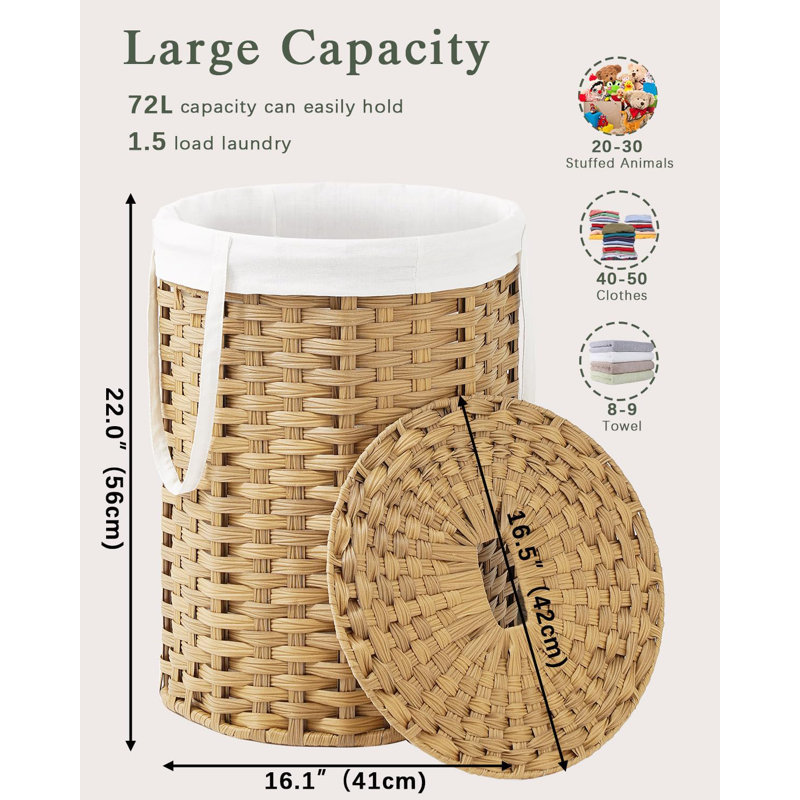 Wicker Laundry Hamper With Lid And Removable Lining - 19 Gallon Round Rattan Laundry Basket With Handles And 2 Mesh Bags For Bathroom Or Living Room Storage