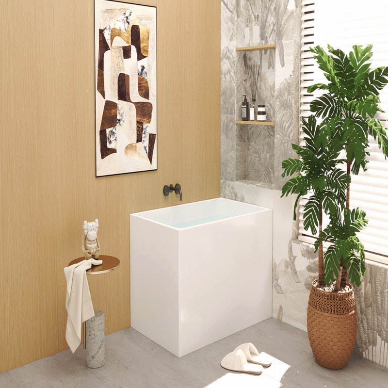 43" Acrylic Freestanding Bathtub ,Spacious Rectangle Shape, Gloss White Finish, Chrome Overflow & Pop-Up Drain