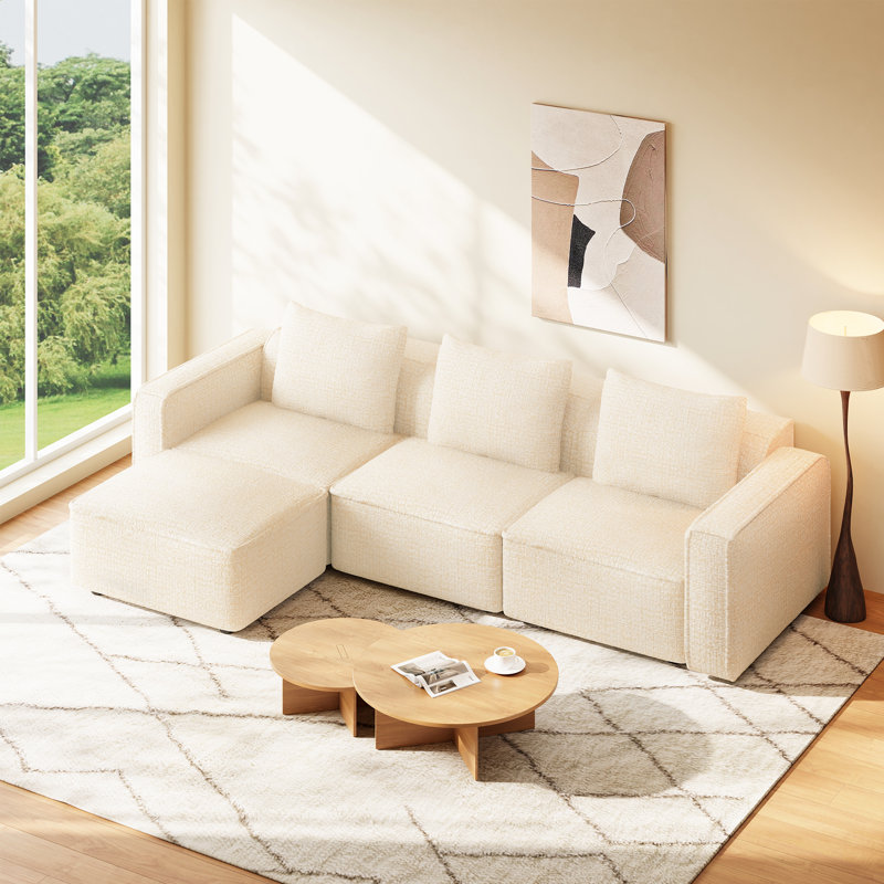 103”L Shaped Sectional Couch, Chenille Compression Deep Seat Modular Sofa, Beige Chenille