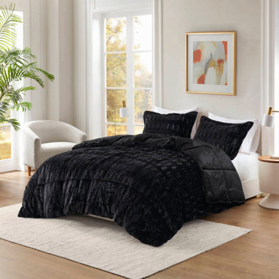 Ensemble de couette 3 pièces en fausse fourrure noire pour lit double/queen