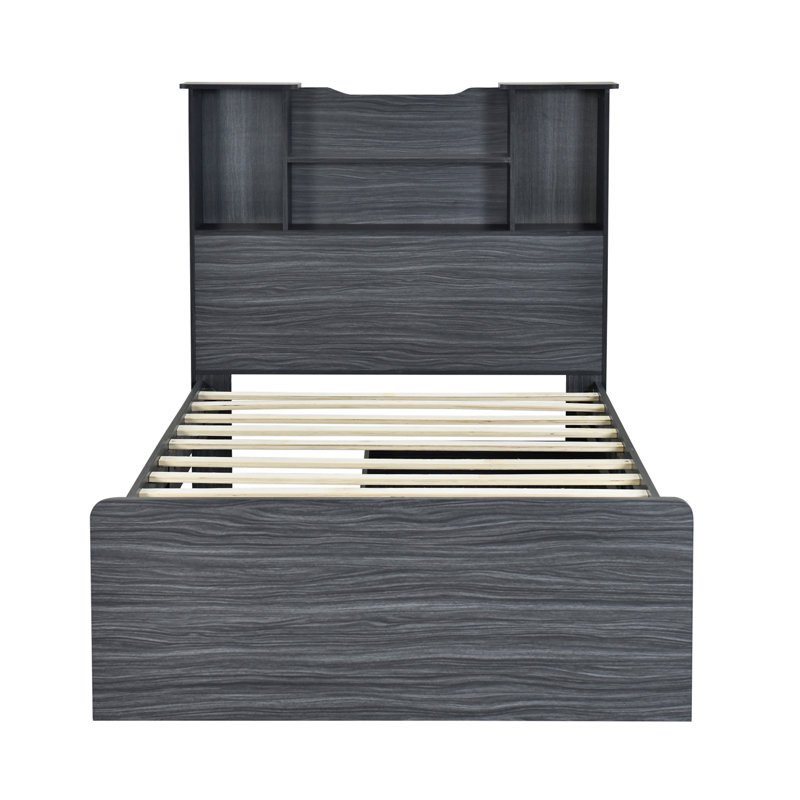 Base de lit plateforme de rangement avec 4 tablettes de rangement ouvertes et 2 tiroirs de rangement, Gris