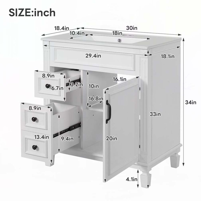 Meuble-lavabo avec lavabo en céramique, armoire avec 2 tiroirs et tablette réglable, Blanc