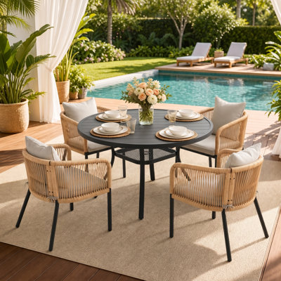 Keppler 4-Person Outdoor Round Patio Dining Set With Cushioned PE Wicker Chairs