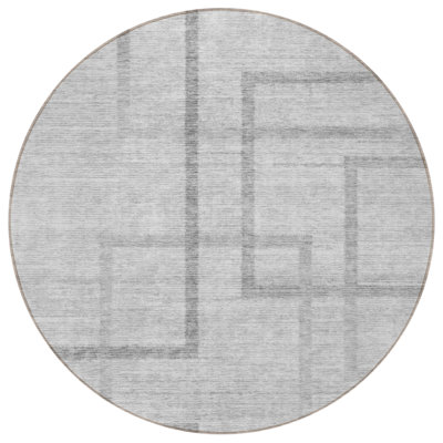 8' Gray Charcoal And Silver Round Geometric Washable Indoor Outdoor Area Rug