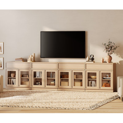 Modern TV Stand for TVs Up to 40", Wooden Entertainment Center TV Console with 8 Glass Doors and Drawers, Media Console Cabinet with Adjustable Shelf for Living Room, Bedroom