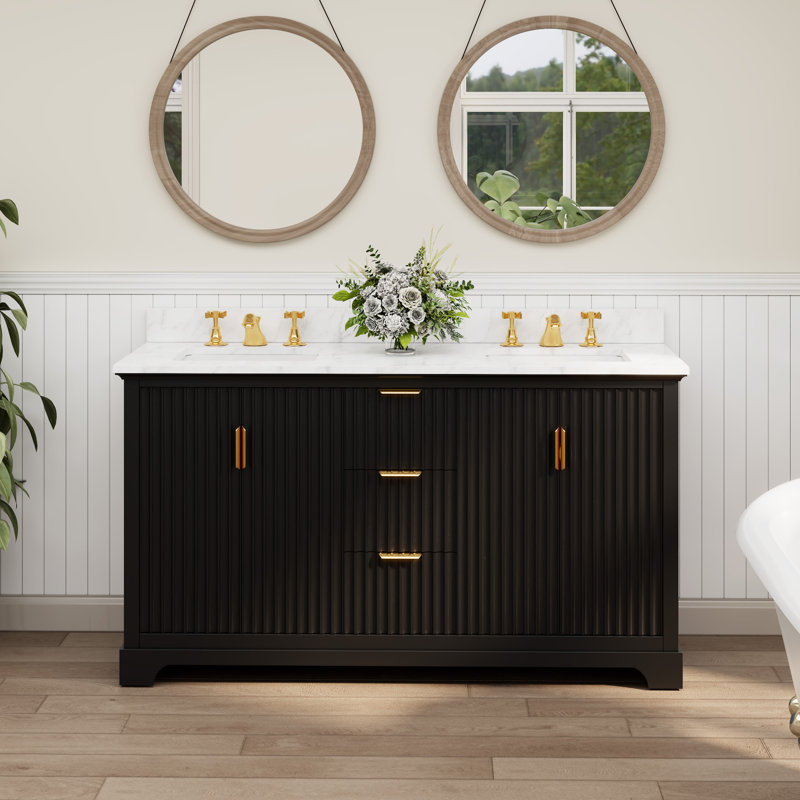 Barnhart 60" Fully Assembled Double Sink Bathroom Vanity with Marble Like Engineer Stone Top, Backsplash, Ceramic Sink, Gold Handles
