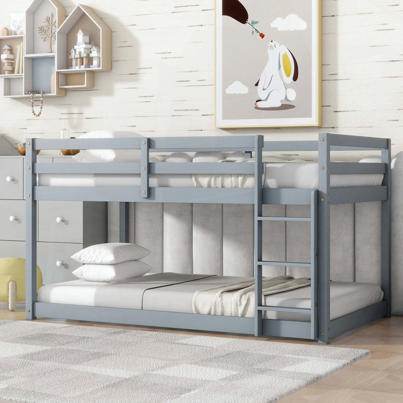 Twin Over Twin Rubber Wood Floor Bunk Bed with Ladder, Gray