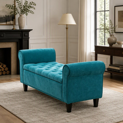 Banc de rangement en bois d'hévéa de 49 po en mousse, bleu sarcelle, avec dossier roulé et pieds en bois massif brun pour le salon de la chambre à coucher