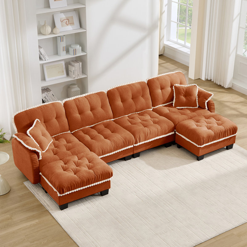 Canapé en forme de U en chenille avec 4 coussins, repose-pieds mobile à garniture pom-pom capitonnée, conception ergonomique, canapé à assise profonde facile à assembler pour le bureau du salon, appartement, orange