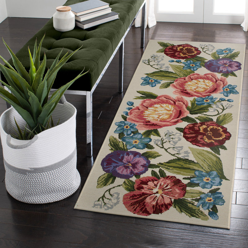 Andreane Floral Synthetic Non-Skid Kitchen Mat, Cream, Runner 1'11" x 4'11"