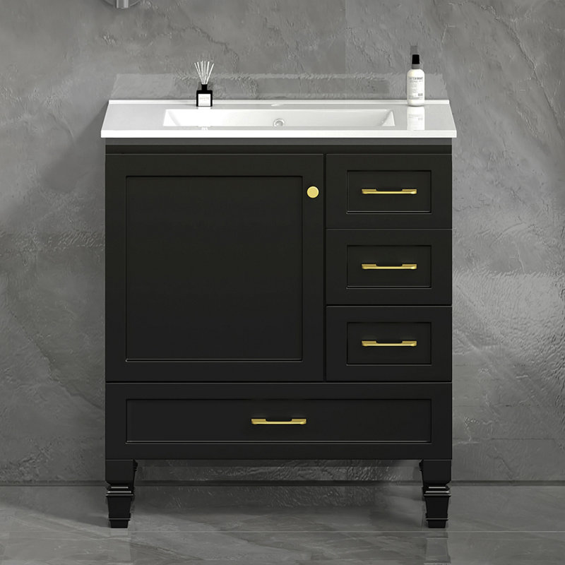Meuble-lavabo noir 30 po. Armoire de rangement abondante - 1 porte à fermeture douce et 3 tiroirs
