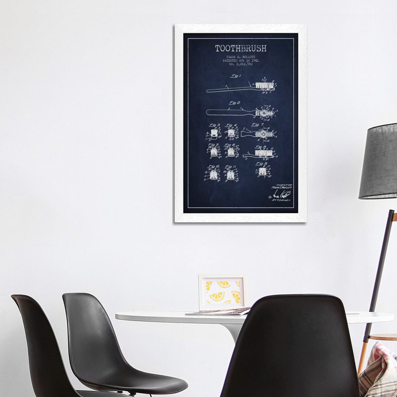 Toothbrush Navy Blue Patent Blueprint by Aged Pixel - Floater Frame Print on Canvas, White Framed, 66.04 cm H x 45.72 cm W