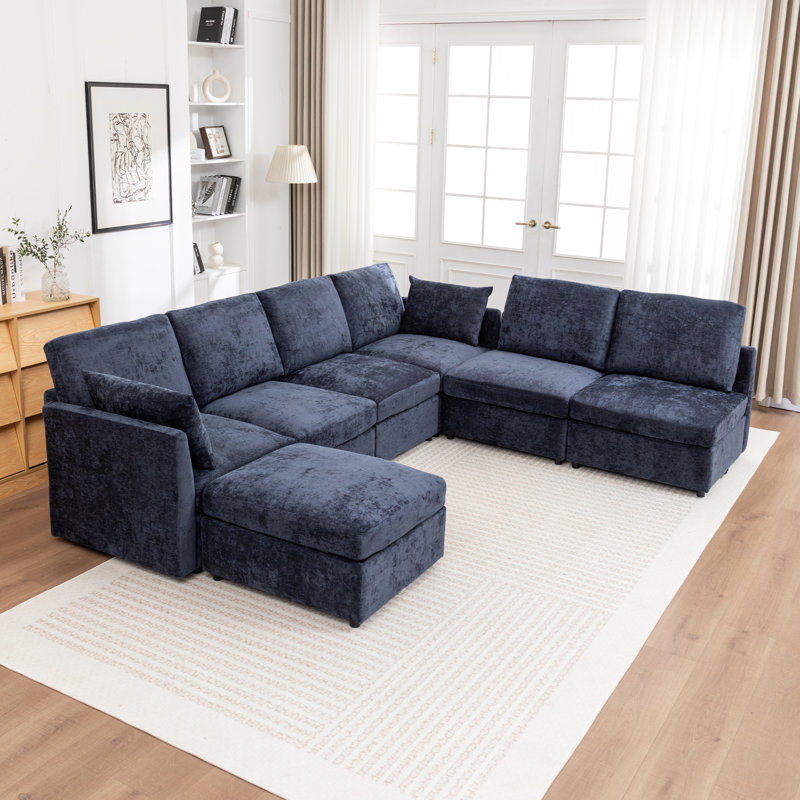 Miller 7 - Piece Upholstered U-Shaped Sectional Sofa With Storage Ottoman, Blue