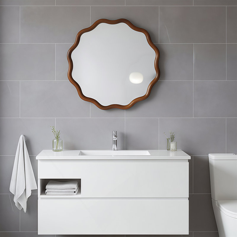 Miroir décoratif rond en bois massif ondulé de 36 pouces, pour chambre à coucher, salle de bain, salon, vestibule, Brown