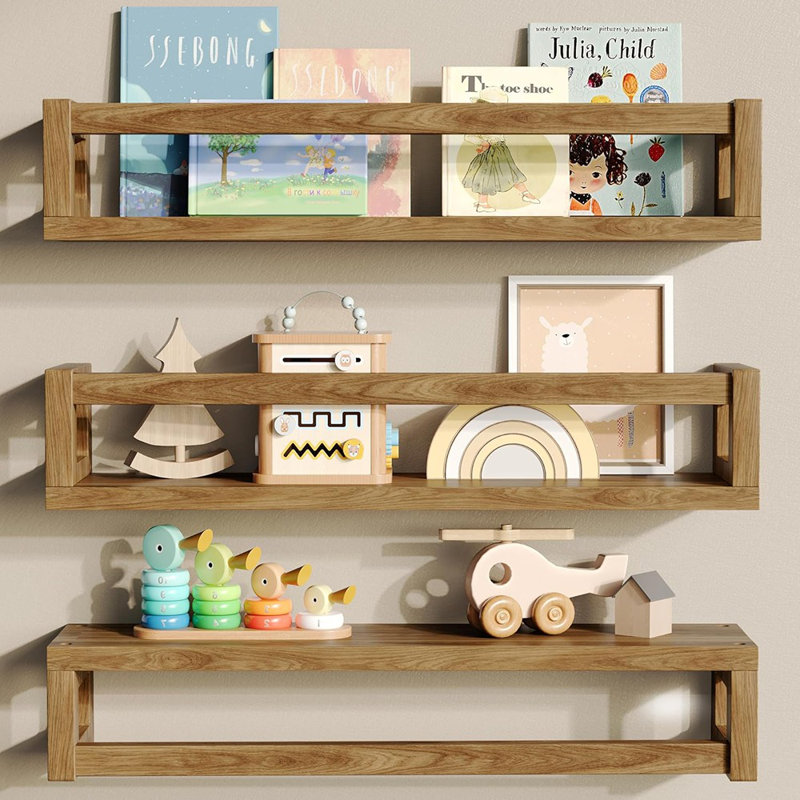 Épaisses tablettes murales flottantes, tablettes de rangement murales en bois de noyer foncé pour livres, jouets et décoration