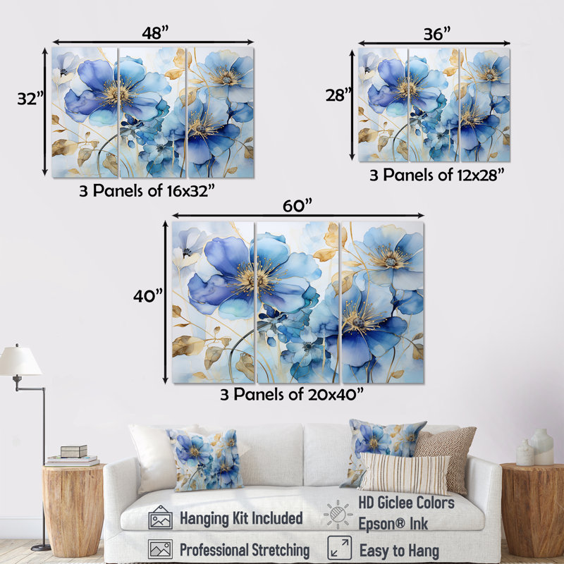 «Blue and Gold Adorned Violets - Violets», ensemble de reproduction d'art mural, Toile tendue, H 32 po x l 48 po x P 1 po