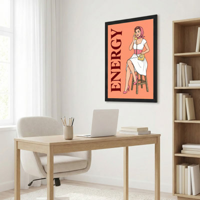 Retro Pin Up Woman With Phone Energy Text Canvas Wrapped Wall Art Oil Painting Print Set Of 1