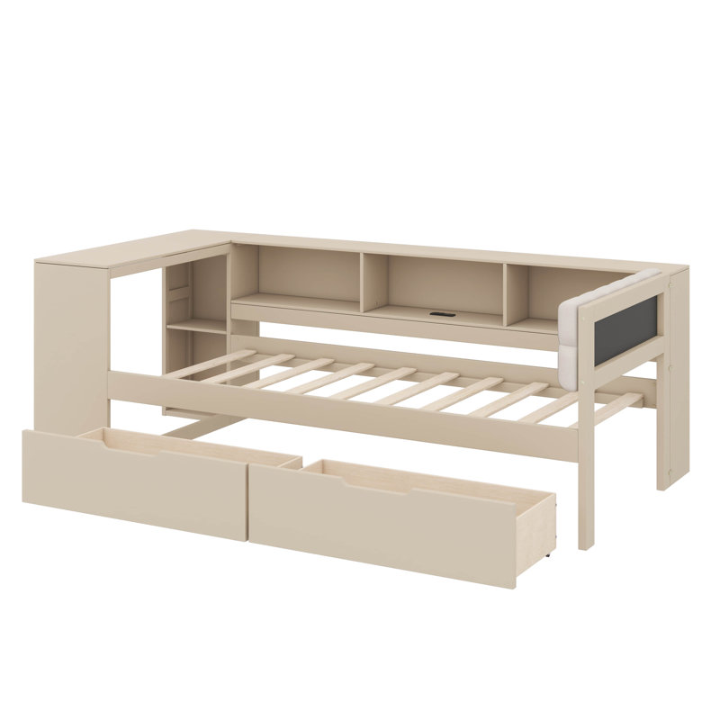 Twin Size Platform Bed Equipped With Shelves, Drawers, Charging Port, And Fabric-Covered Headboard, Cream