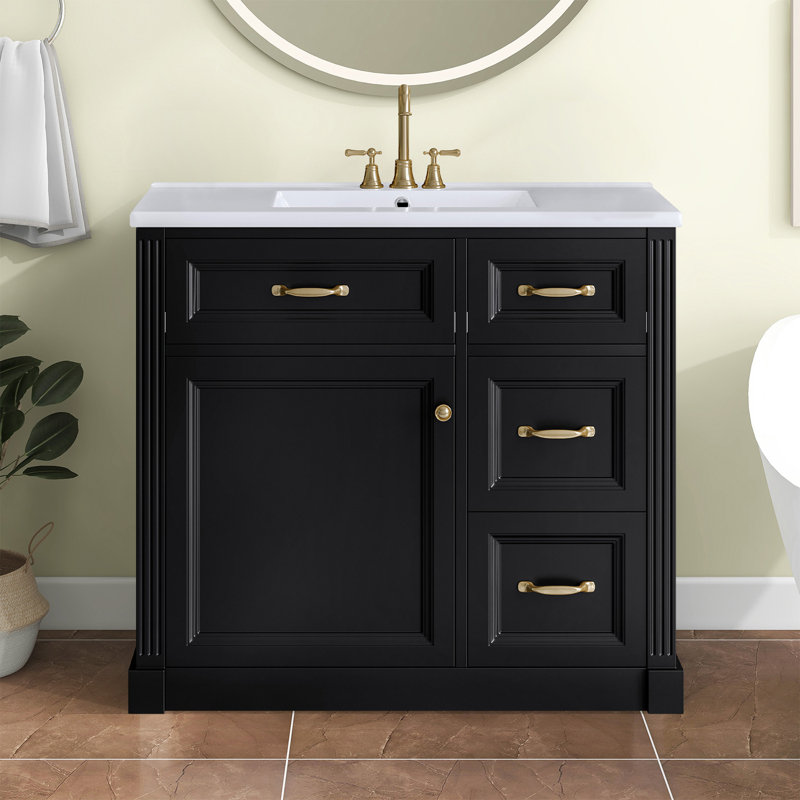 Meuble-lavabo moderne 36 "avec lavabo en céramique, Noir, Doré