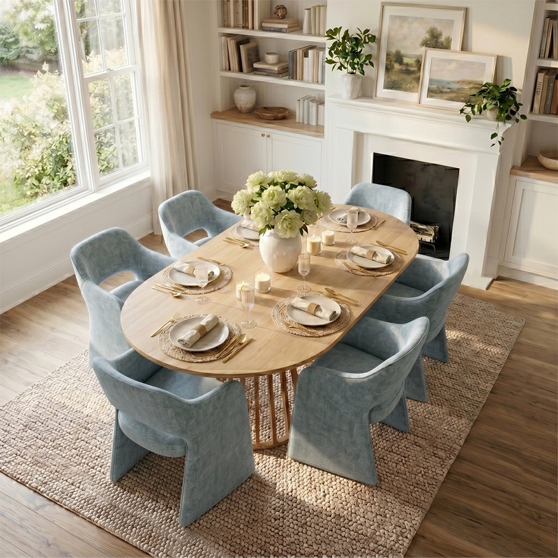 Ensemble de table de salle à manger pour 6 personnes avec table ovale extensible et 6 chaises rembourrées en tissu, Sky Blue