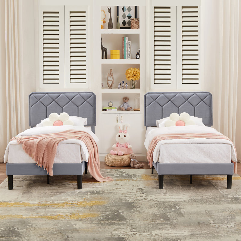 (Set of 2) Gray Twin Size Upholstered Platform Bed Frame with Adjustable Headboard, No Box Spring Needed, Gray