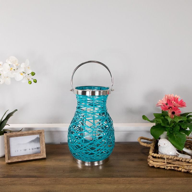 Lanterne-pilier moderne en fer tressé avec ouragan en verre, H 13,5 po x l 8,5 po x P 8,5 po, Bleu turquoise