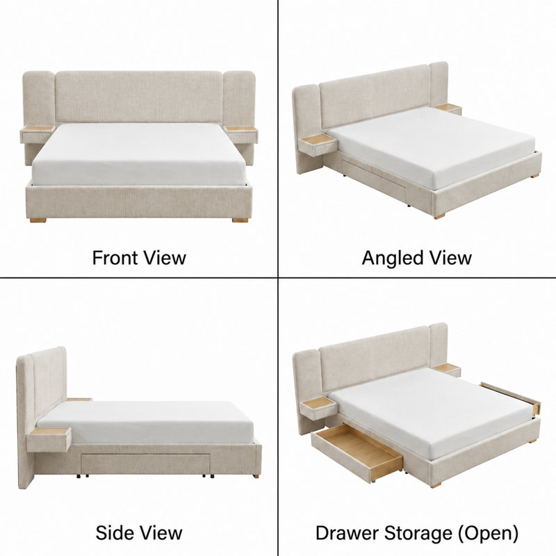 Expansive Headboard  Upholstered Platform Bed with Floating Nightstands and 2 Storage Drawers, King, Cream, Cream, King