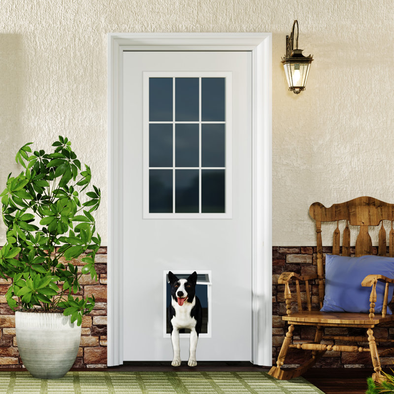 Portes extérieures - Dalle de porte en panneau de fibres à densité moyenne blanc transparent 9 Lite avec grande porte pour animaux