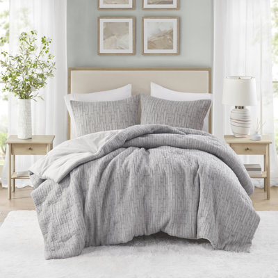 Ensemble d'édredon 3 pièces pour lit double / grand, mélange de coton et rembourré, tissé, motif tissé riche en coton gris,