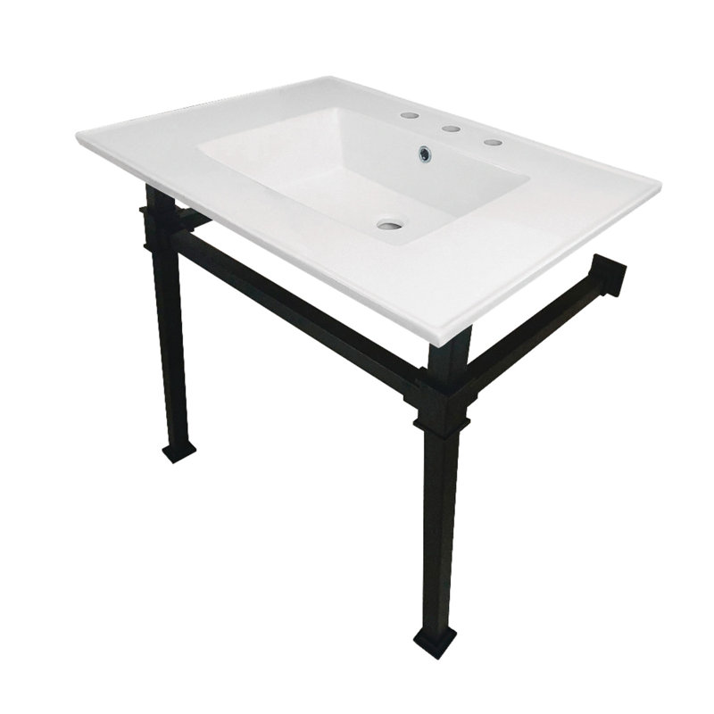 Kingston Brass Monarch 31-Inch Ceramic Console Sink with Stainless Steel Legs (4-Inch, 3-Hole), White/Matte Black, 8" Centers