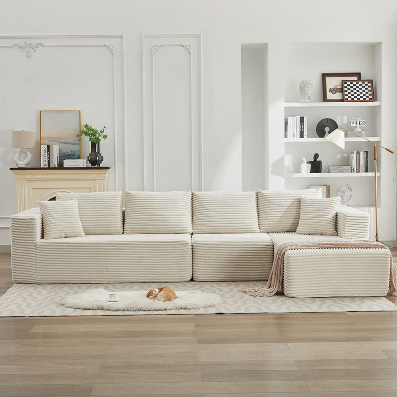 Canapé modulaire en L de 106 po en L avec méridienne orientée vers la droite (siège simple non inclus), canapé modulaire moderne à assise profonde pour le salon, aucun assemblage requis, beige (tissu en velours côtelé moelleux)