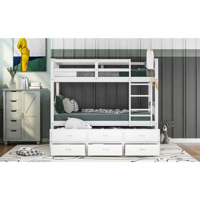White Bunk Bed For Twins With Trundle And Drawers - Sleep Option 3 Twin Size Construction