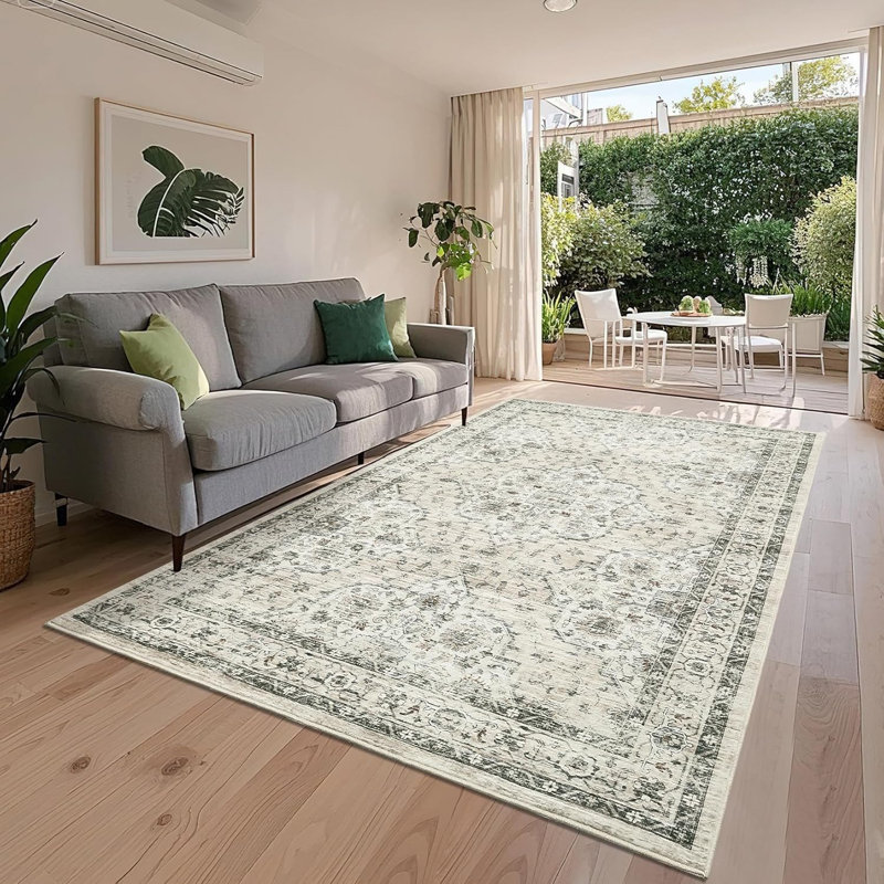 10X13 Beige Vintage Floral Area Rug, Low Pile Non-Slip Washable Carpet For Living Room, Foldable Soft Indoor Floor Mat