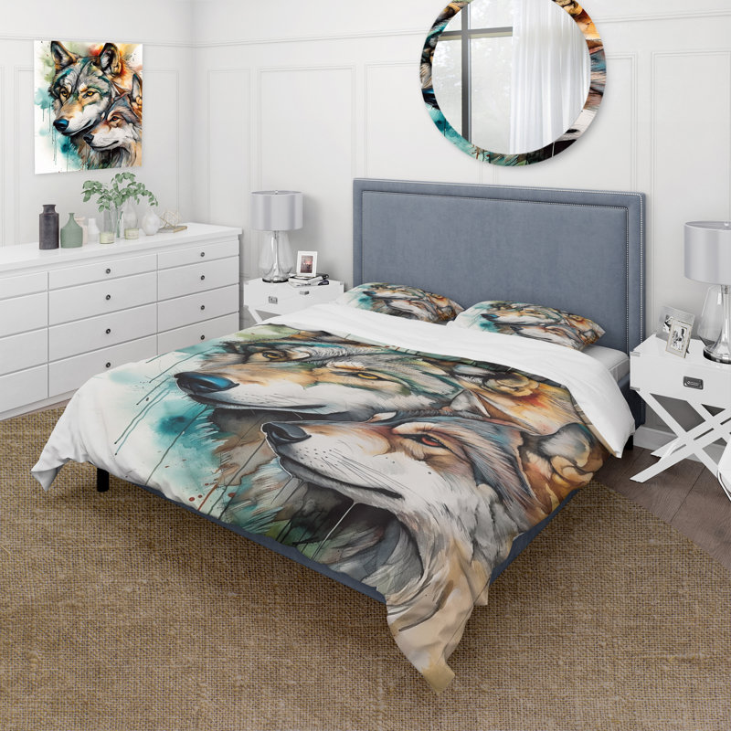 Wolves Portrait Watercolor I - Ensemble de housse de couette animaux - Microfibre de polyester
