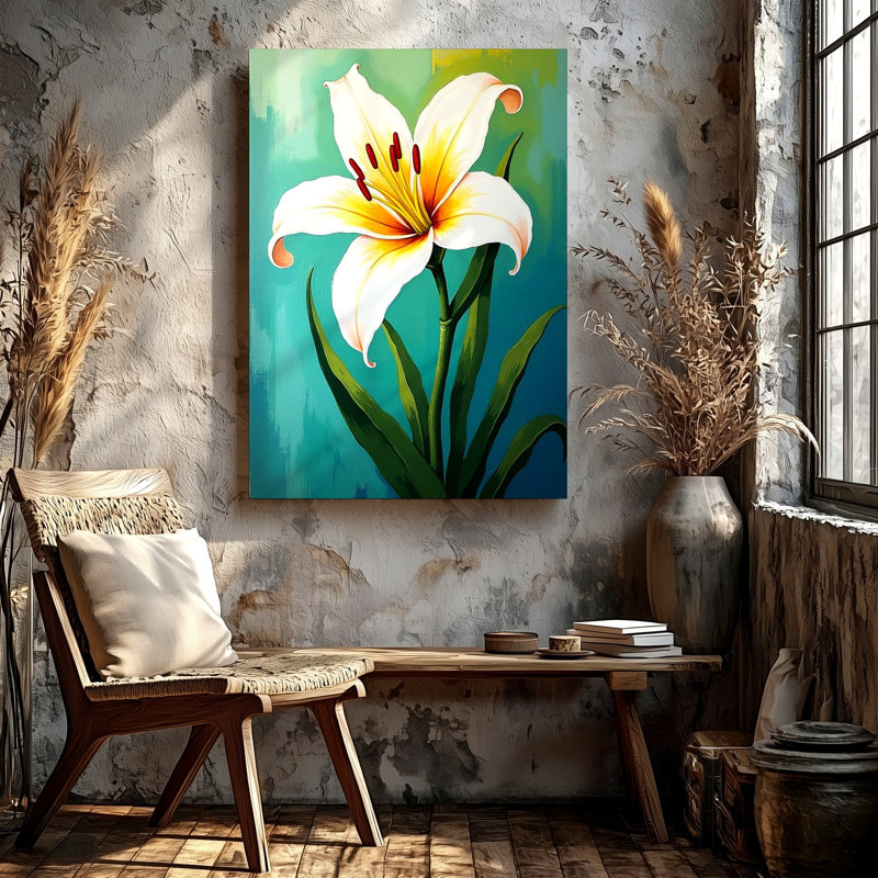 «White Lily Flower Botanical Floral», reproduction d'art sur toile bleue, 20 x 20 in