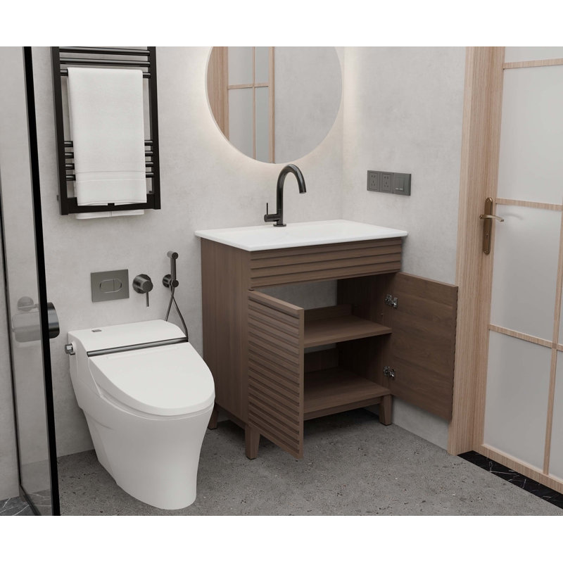 Meuble-lavabo de salle de bain de style Mid-Century avec lavabo en céramique et rangement spacieux, parfait pour un décor contemporain et une organisation efficace.