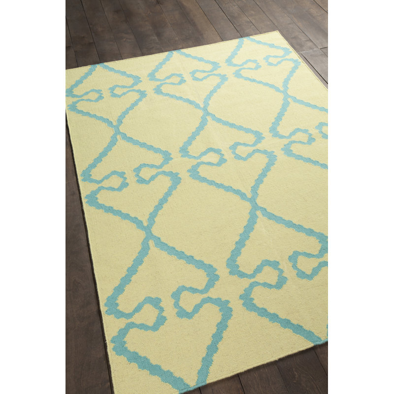 Chevella Authentic Flatwoven Handmade Blue Turquoise & Yellow Reversible Modern Ikat Ogee Trellis Wool & Cotton Area Rug
