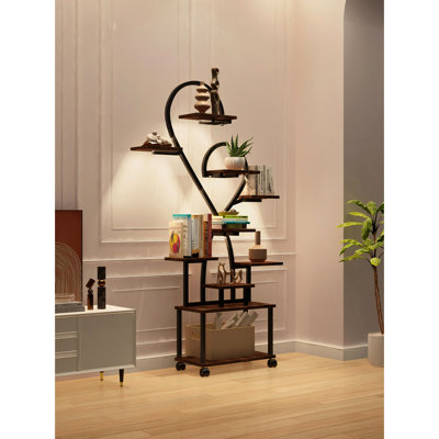 Support en forme de cœur en forme de S avec lumières de croissance à spectre complet à DEL, étagère de rangement intérieure en métal et étagère réglable à niveaux en noir et noyer foncé, passionnés de jardinage