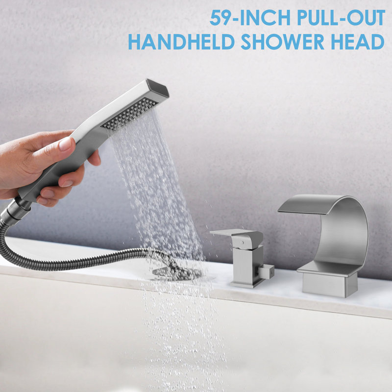  Deck Mounted Waterfall Roman Tub Filler Faucet with Hand Shower & 1 Handle, Brushed Nickel