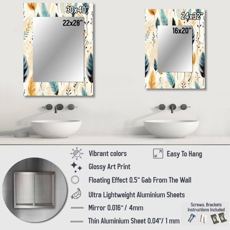 Motif de fougères beiges minimaliste Arkoe - décor de miroir mural floral unique, 40 po x 30 po