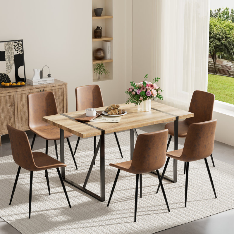 Rectangular Wood Top Double Pedestal Dining Set, 7, Rustic Brown