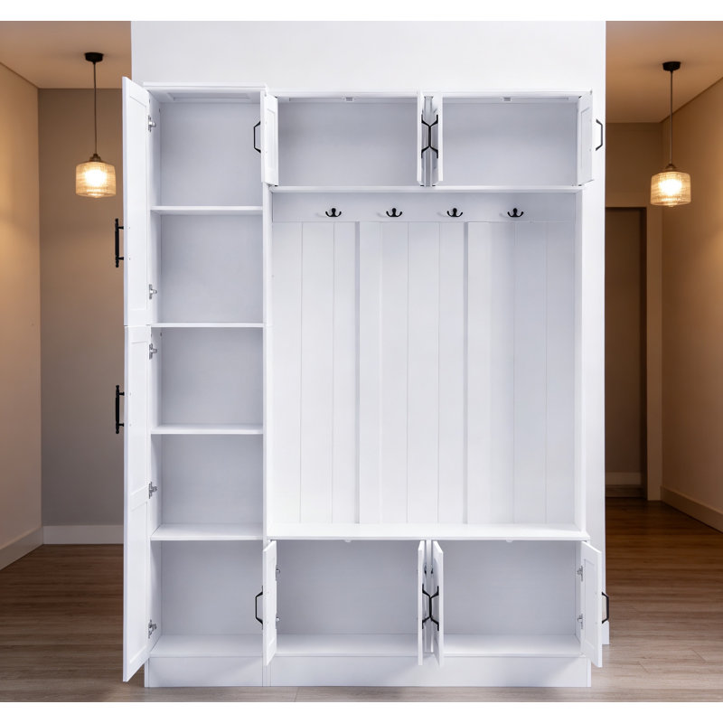 79'' Tall Modern Hall Tree With Shoe Storage, 4-in-1 Entryway Bench With 6 Cabinets, 4 Coat Hooks & Adjustable Shelf For Hallway, Living Room, White