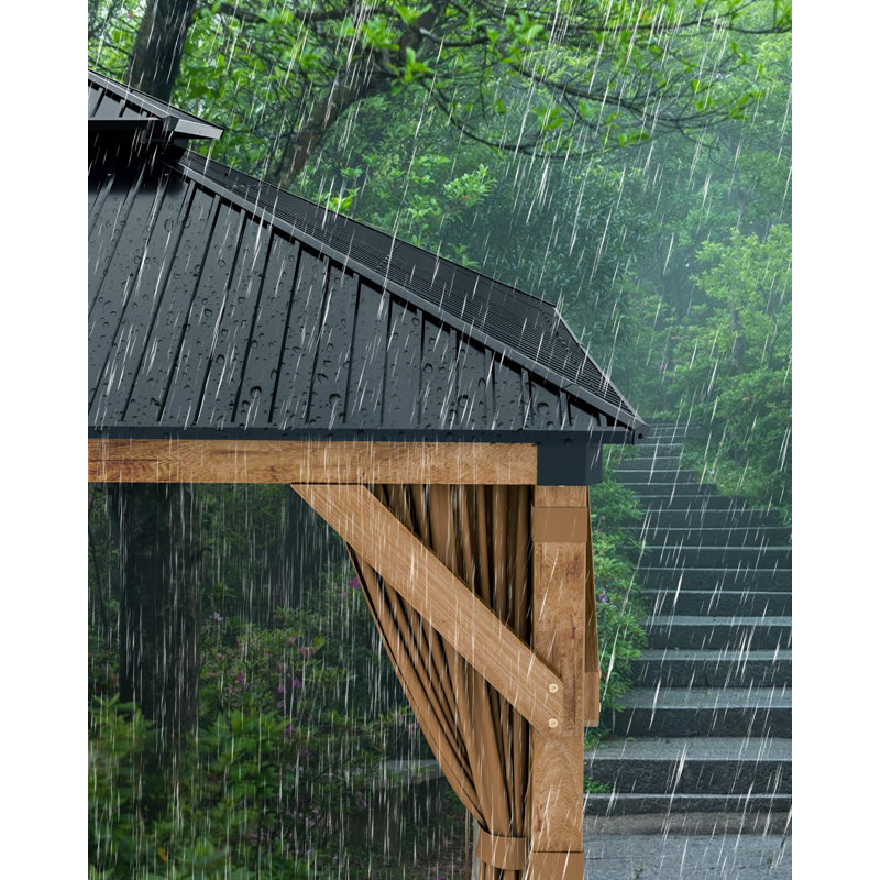 Pavillon de jardin en bois à toit rigide 10 x 10 pi avec double toit en métal, pavillon en cèdre avec rideaux et filet, pour terrasse, pelouse et jardin