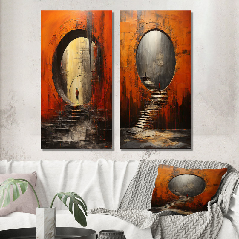 «Orange Tunnel Wall Art», ensemble de 2 pièces sur toile - Orange Tunnel Whispering Echoes Mixed, Toile tendue