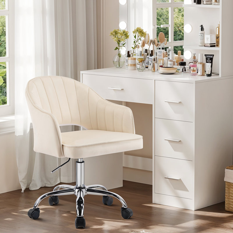 Modern Swivel Velvet Upholstered Office Chair with Armrests, Cream