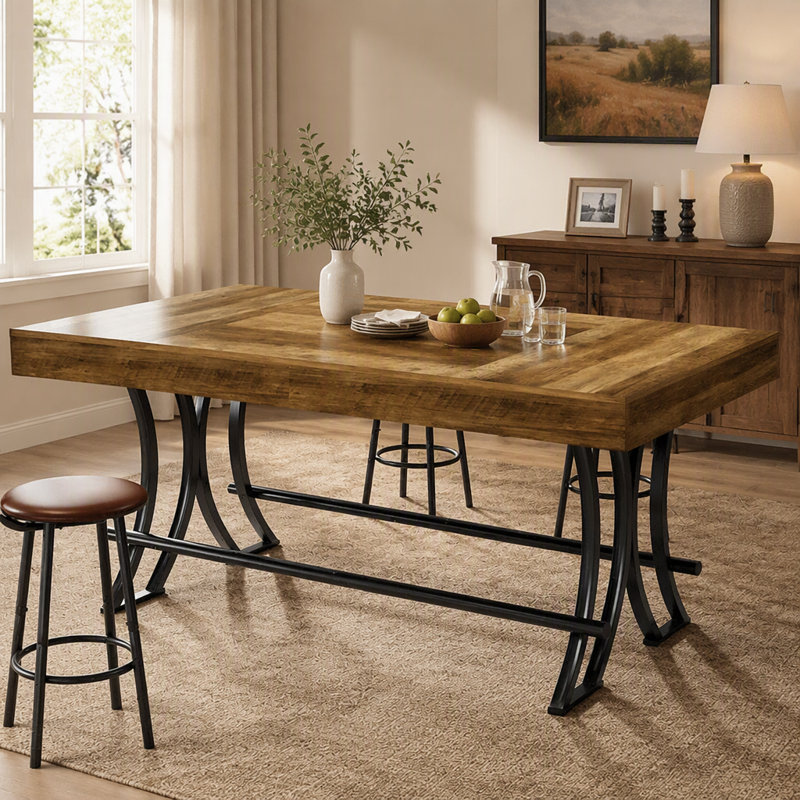 63" Bar Pub Table, Counter Height Kitchen Dining Table with Metal Footrest