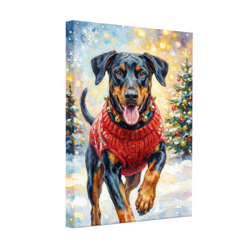 Animaux, chien de Noël dans un chandail rouge, scène de neige