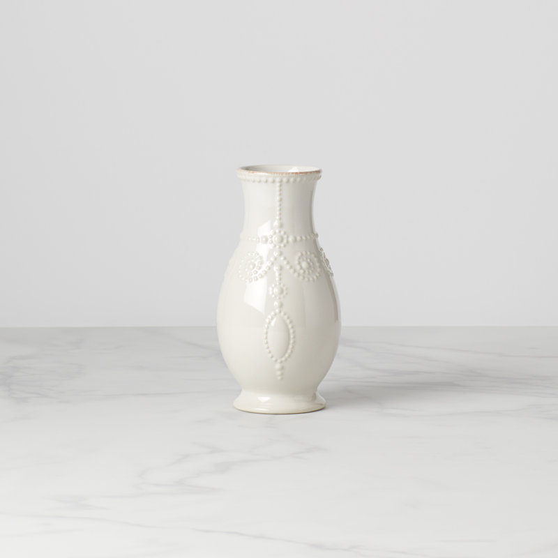 White Ceramic Fluted Table Vase with Embossed Design