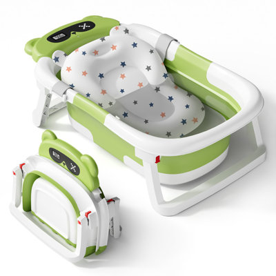 Collapsible Baby Bathtub, Portable Travel Baby Tub for Newborn to Toddler (0-36 Months) with Thermometer, Soft Cushion, Detachable Stand