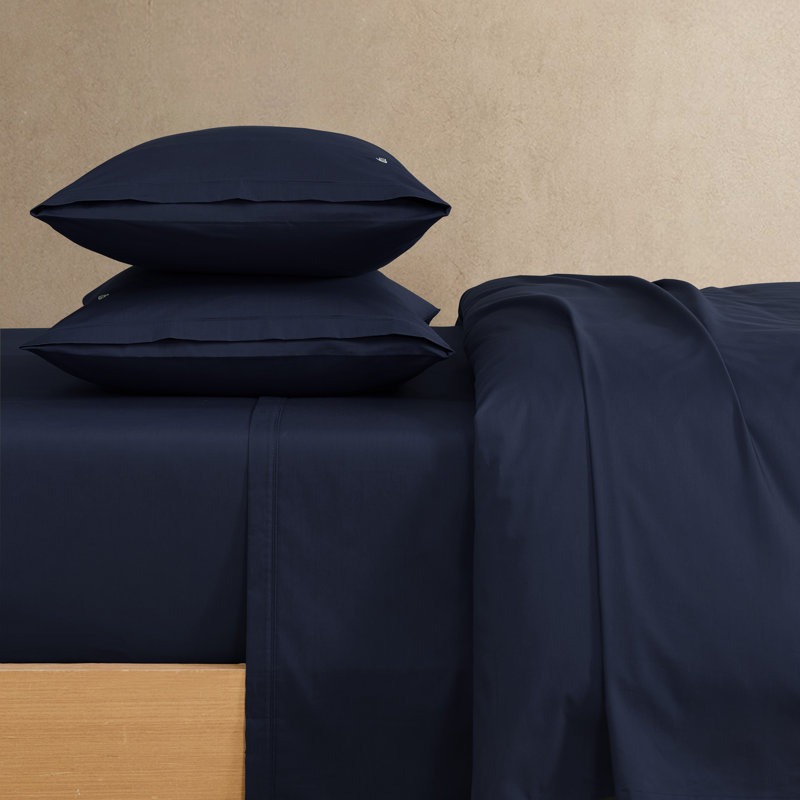 Lacoste Cotton Percale Sheet Set, Crisp Feel & Breathable Bedding, Deep Pocket Fitted Sheet, Navy, Queen, Navy